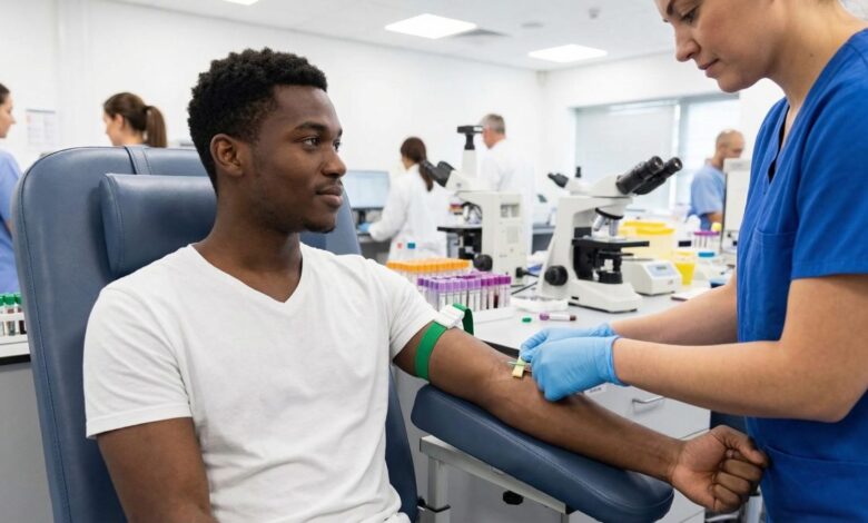 Um jovem negro fazendo teste de sangue num laborat delpmaspu scaled.jpg